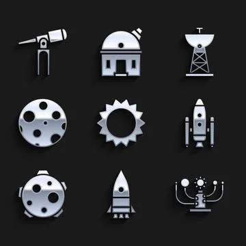 Set Sun, Rocket ship, Solar system, Space shuttle and rockets, Planet, Moon Ilustração Stock