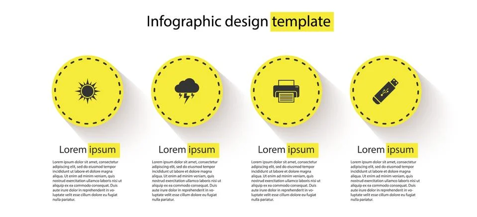 Set Sun, Storm, Printer and USB flash drive. Business infographic template Stock Illustration