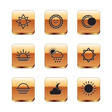 Set Sun, Sunset, Cloud with moon and stars, rain sun, Eclipse of the, and icon Ilustração Stock
