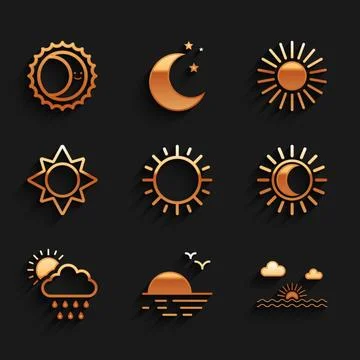 Set Sun, Sunset, Eclipse of the sun, Cloud with rain and, and icon. Vector Stock Illustration