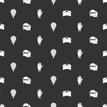Set Sun visor cap, Golf label, ball on tee and glove on seamless pattern. Vector Stock Illustration