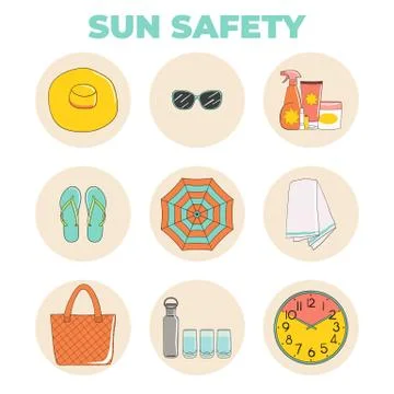 Set of sunbathing beach essentials icons. Skin protection Stock Illustration