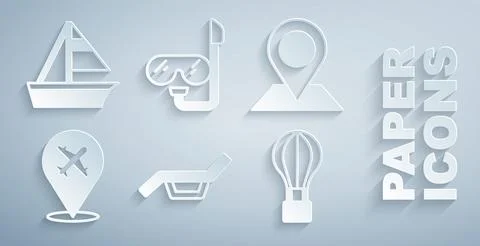 Set Sunbed and umbrella, Location, Plane, Hot air balloon, Diving mask snorkel Stock Illustration