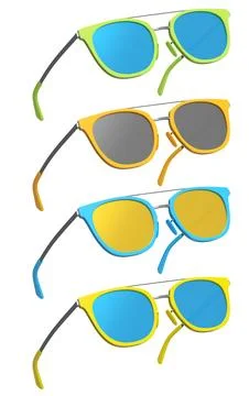 Set of sunglasses with gradient lens and plastic frame on white background. 스톡 일러스트