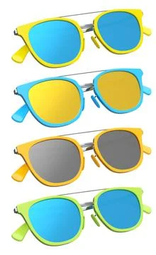 Set of sunglasses with gradient lens and plastic frame on white background. Illustrazione stock