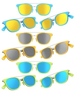 Set of sunglasses with gradient lens and plastic frame on white background. 库存插图