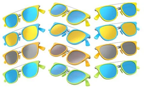 Set of sunglasses with gradient lens and plastic frame on white background. Illustrazione stock