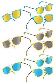 Set of sunglasses with gradient lens and plastic frame on white background. 库存插图