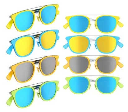 Set of sunglasses with gradient lens and plastic frame on white background. Illustrazione stock
