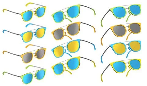 Set of sunglasses with gradient lens and plastic frame on white background. 스톡 일러스트