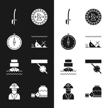 Set Sunken ship, Compass, Pirate sword, coin, Ship, eye patch, game dice and Illustrazione stock