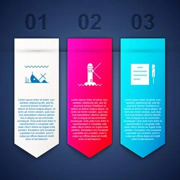 Set Sunken ship, Lighthouse and Feather pen and scroll. Business infographic  Ilustración de archivo