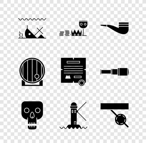 Set Sunken ship, Treasure and riches, Smoking pipe, Skull, Lighthouse, Pirate Stock Illustration