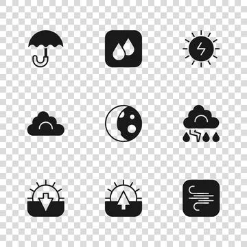 Set Sunrise, Cloud and lightning, Wind, Moon phases, Solar energy panel, Um.. Illustration