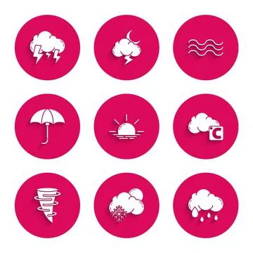 Set Sunrise, Cloud with snow and sun, rain, Celsius cloud, Tornado, Classic Illustration