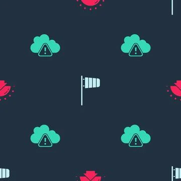 Set Sunrise, Cone windsock wind vane and Storm warning on seamless pattern Stock Illustration