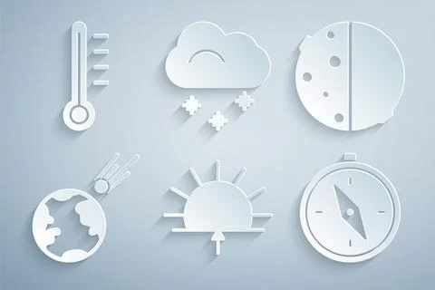 Set Sunrise, Eclipse of the sun, Comet falling down fast, Compass, Cloud wi.. 스톡 일러스트