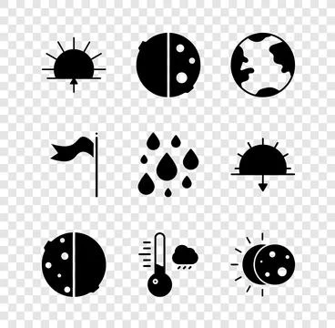 Set Sunrise, Eclipse of the sun, Earth globe, Meteorology thermometer, wind.. 스톡 일러스트