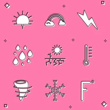 Set Sunrise, Rainbow with clouds, Lightning bolt, Water drop, Drought, Mete.. Stock Illustration