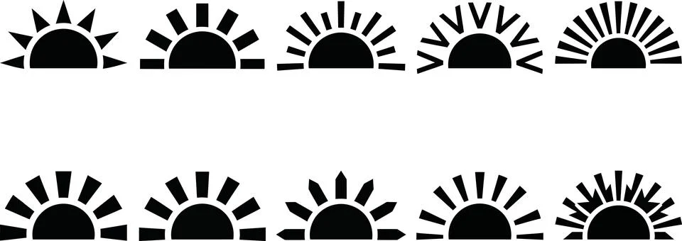 Set of suns illustrations with different rays design, vector clip art, sunr.. 스톡 일러스트