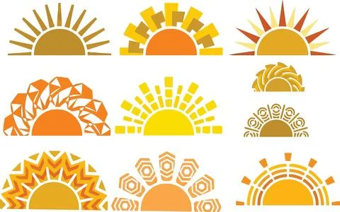 Set of suns illustrations with different rays design, vector clip art, sunr.. Illustrazione stock