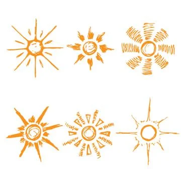 Set of suns. Vector cartoon illustrations. Isolated objects on white. Stock Illustration