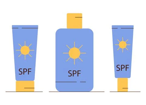 Set of sunscreen bottles and tubes with SPF protection icons Stock Illustration
