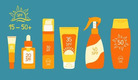 Set of sunscreen bottles, tubes with different SPF from 15 to 50. Sunscreen p Stock Illustration