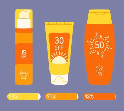 Set of sunscreen bottles, tubes with different SPF from 15 to 50. Infographic Stock Illustration