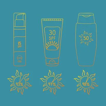 Set of sunscreen bottles, tubes with different SPF from 15 to 50. Infographic Stock Illustration