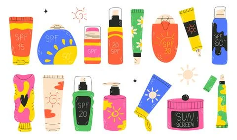 Set of sunscreen bottles, tubes with different SPF Stock Illustration