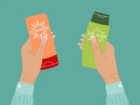 Set of sunscreen bottles, tubes with Oxybenzone or Zinc oxide SPF in female h Stock Illustration