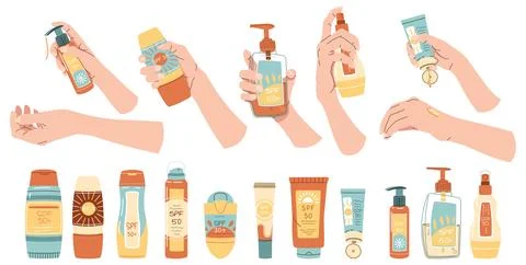 Set of sunscreen on isolated background. Hands holding cream, lotion, oil t.. Stock Illustration