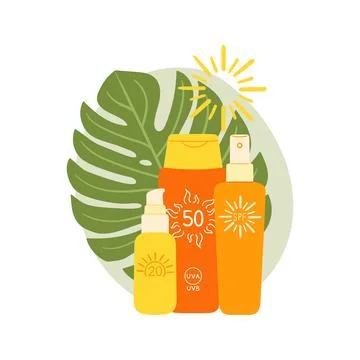 Set of sunscreen product with monstera leaf and abstract shape. SPF protect.. Stock Illustration