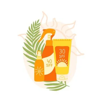 Set of sunscreen product with palm leaf and abstract shape. SPF protection .. Stock Illustration