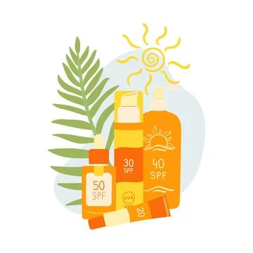 Set of sunscreen product with palm leaf and abstract shape. SPF protection .. Stock Illustration