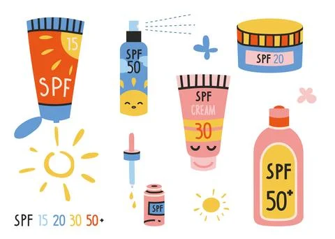 Set with sunscreen products in different packages, SPF in cartoon style. Pr.. Illustrazione stock