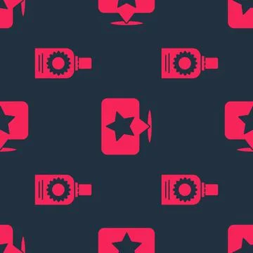 Set Sunscreen spray bottle and Map pointer with star on seamless pattern. Vector Stock Illustration