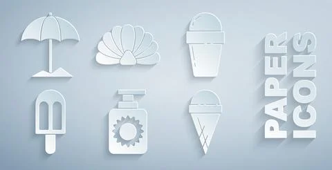 Set Sunscreen spray bottle, Ice cream in waffle cone, Scallop sea shell and Stock Illustration