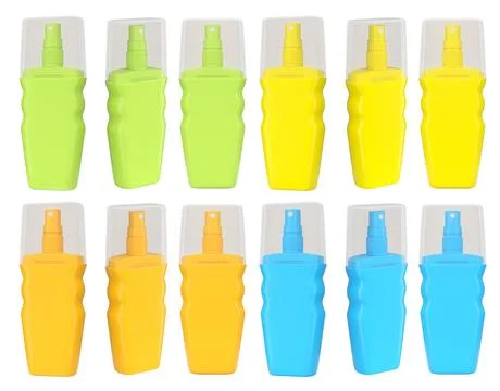 Set of sunscreens bottle or sunblock cream tube on white background. Illustrazione stock