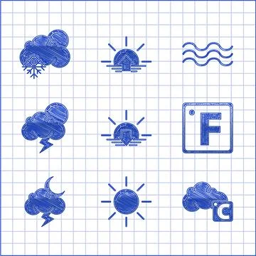 Set Sunset, Celsius and cloud, Fahrenheit, Storm, Waves and Cloud with snow sun Stock Illustration