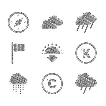 Set Sunset, Celsius, Cloud with rain, Kelvin, Cone windsock wind vane, and Stock Illustration