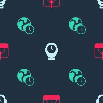 Set Sunset, Clock and World time on seamless pattern. Vector Stock Illustration