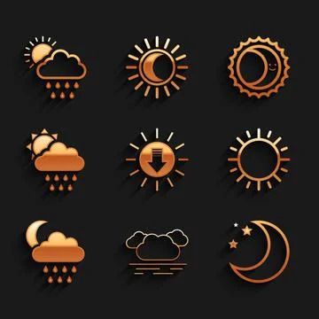 Set Sunset, Cloud, Moon and stars, with rain moon, sun, Eclipse of the and icon Ilustração Stock