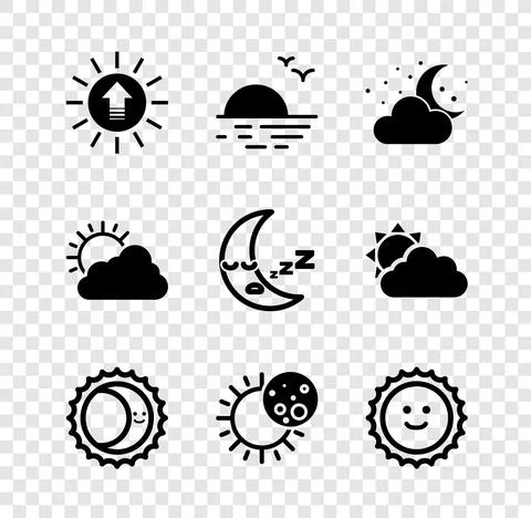 Set Sunset, Cloud with moon and stars, Eclipse of the sun, cloud weather and Ilustração Stock