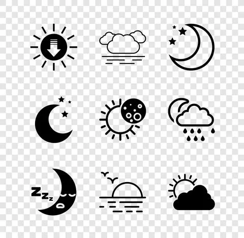 Set Sunset, Cloud, Moon and stars, icon, cloud weather, and Eclipse of sun icon Ilustração Stock