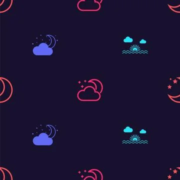 Set Sunset, Cloud with moon and stars,  and Moon on seamless pattern. Vector Stock Illustration