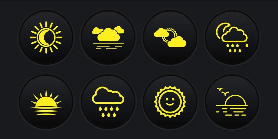 Set Sunset, Cloud with rain and moon, cloud weather, and Eclipse of sun icon Ilustração Stock