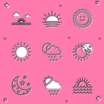 Set Sunset, Cloud with rain and moon, Eclipse of the sun, Moon stars and icon 스톡 일러스트