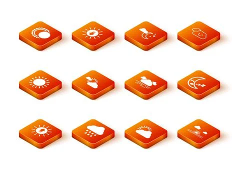 Set Sunset, Cloud with rain, and cloud weather, and Moon icon icon. Vector Illustrazione stock